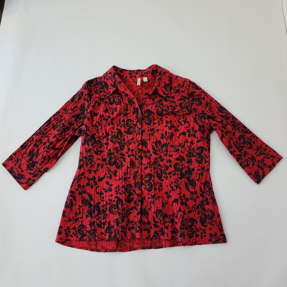 St Johns Bay Woman Red Black Floral Crinkle Button Down Blouse 1X 3/4 Sleeve